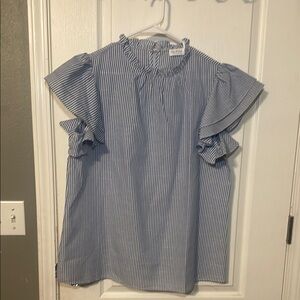 Blue Flutter Sleeve Ruffled Blouse